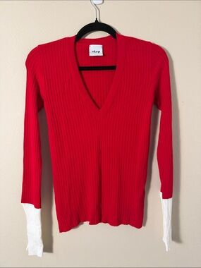 AKEP Red V-Neck Ribbed Sweater with White Split Cuffs Size 40 (US 4)